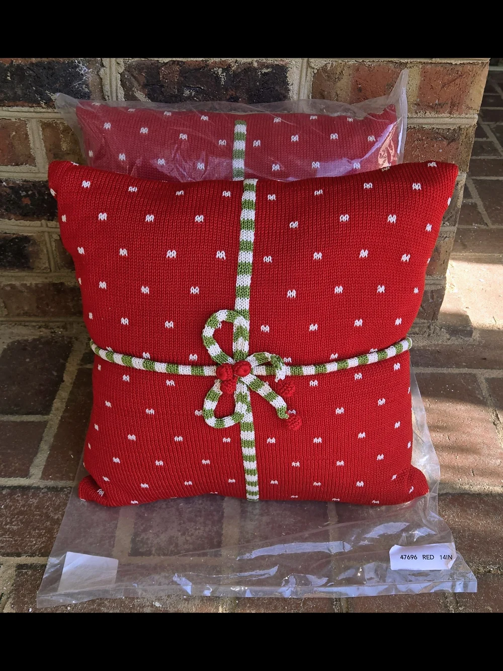Melange Red Knit Holiday Pillow with Green and White Ribbon Bow